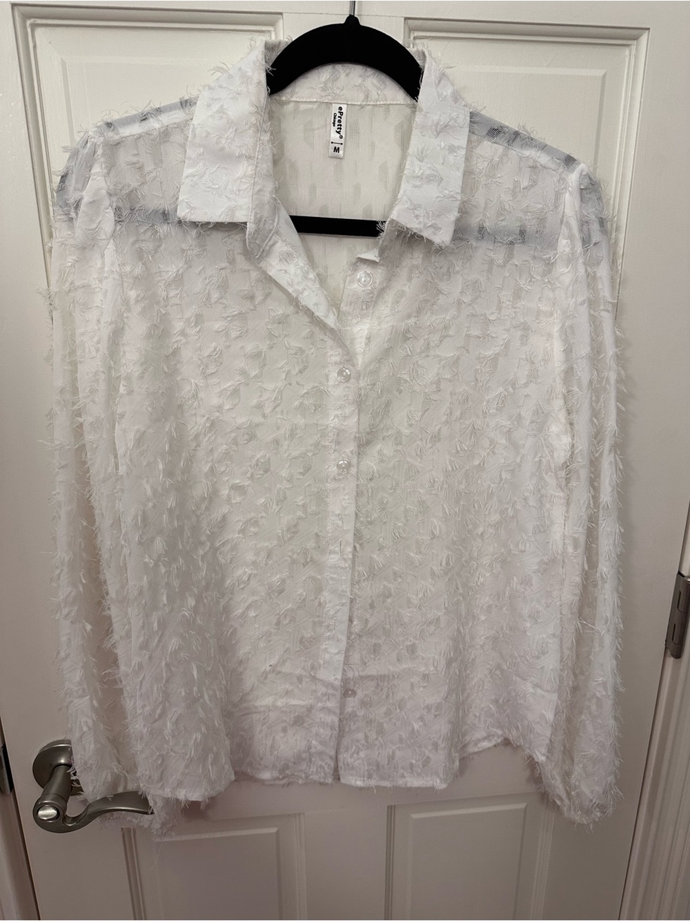 ePretty White Textured Feather-Trim Button-Up Blouse